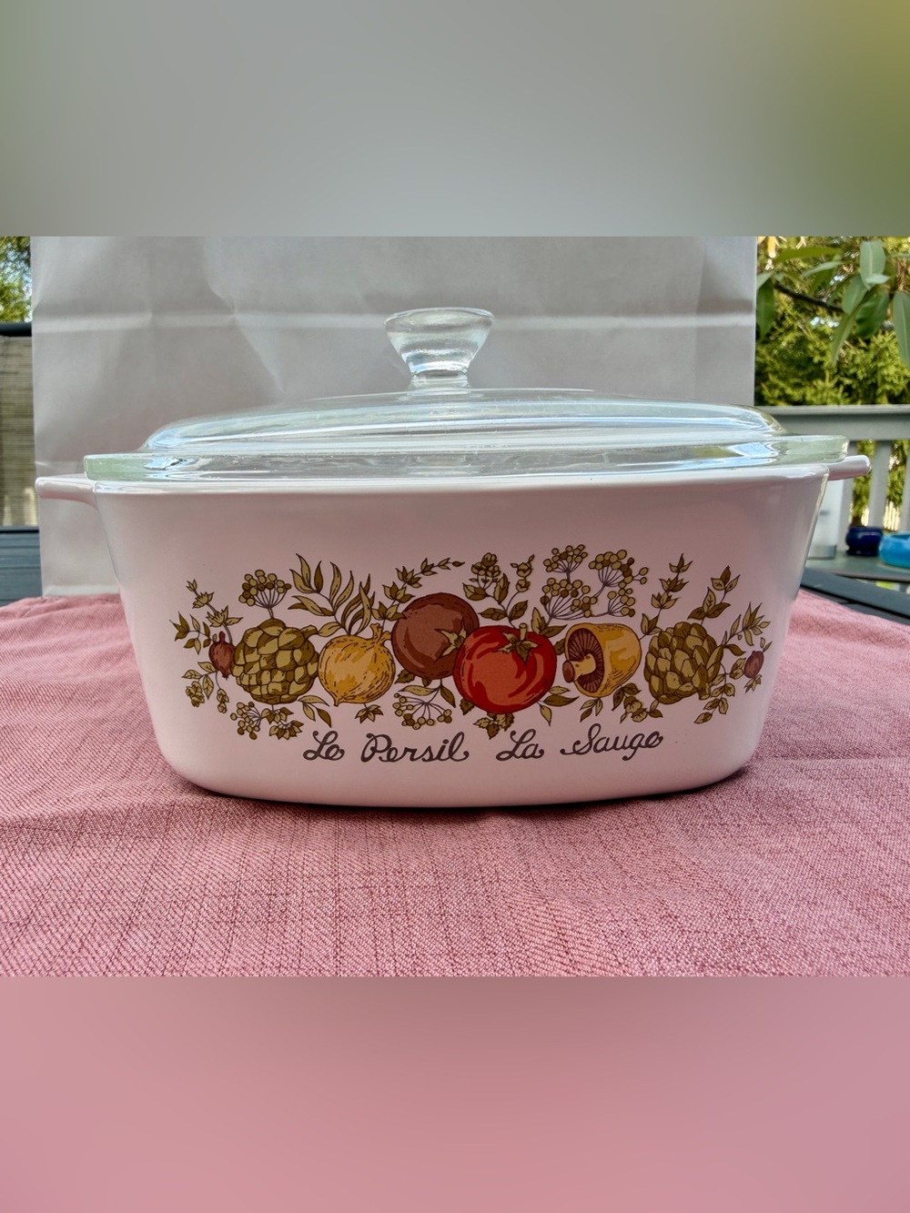 CorningWare White Casserole Dish with Red Tomato & Brown Herb Motif